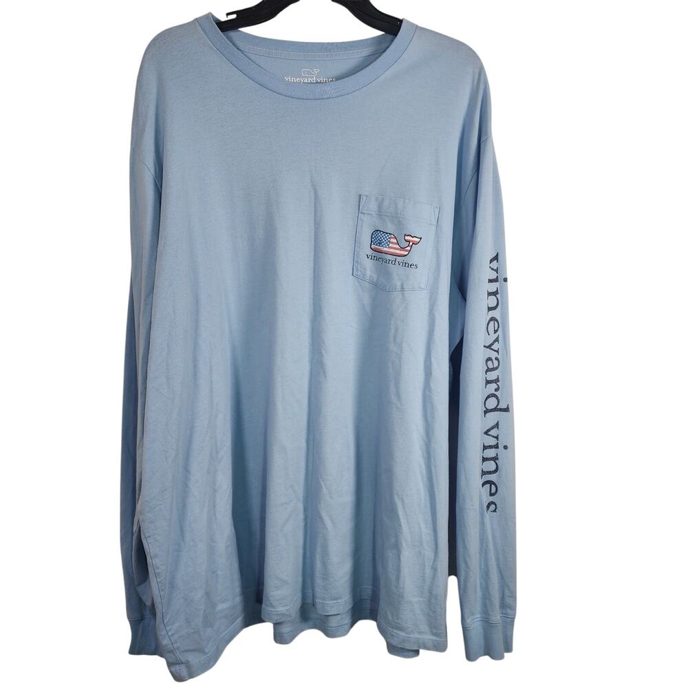 Vineyard Vines Mens Blue USA Flag Whale Cotton Long Sleeve Pocket Tee Size XXL